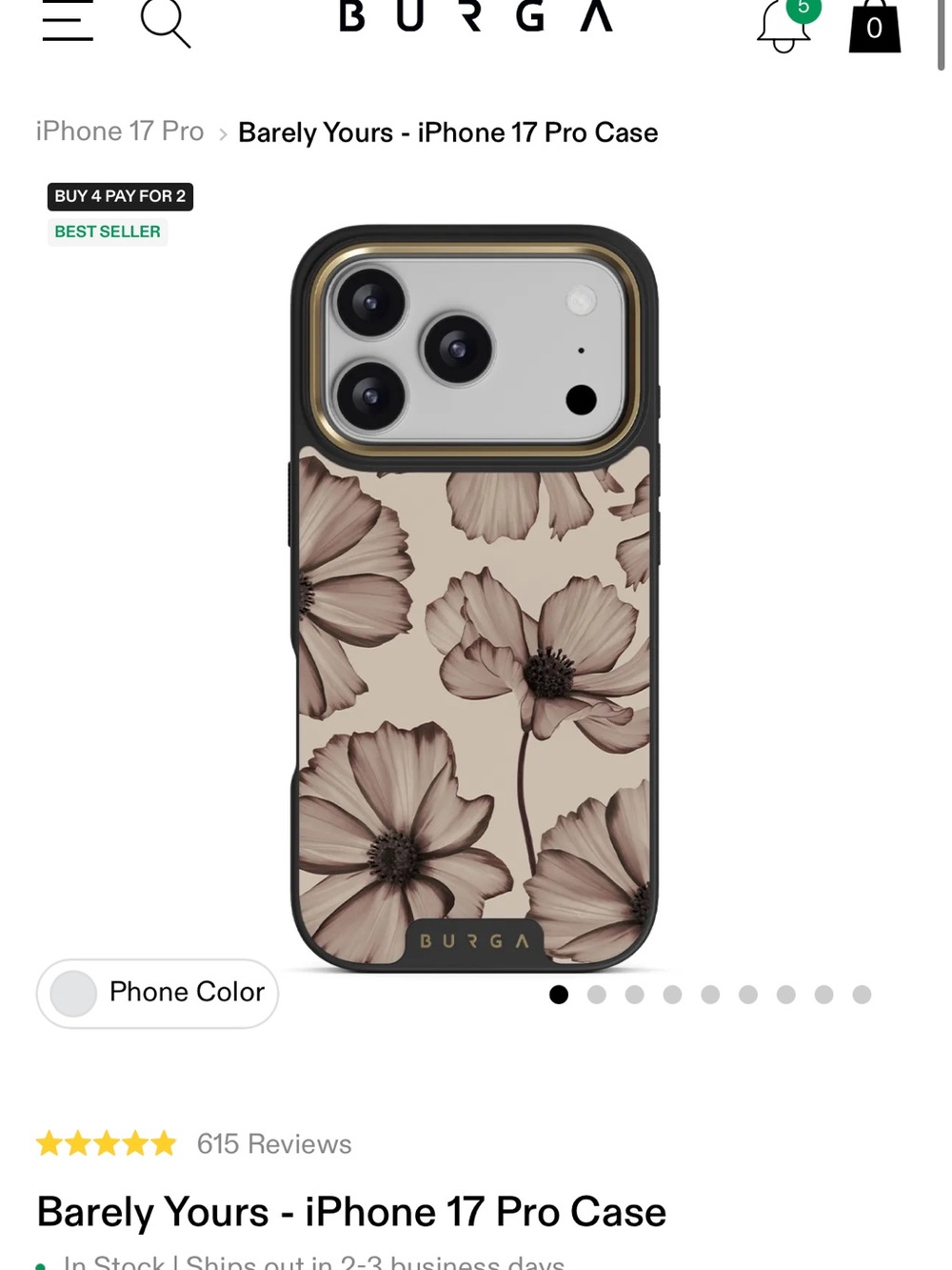 Burga Barely Yours Floral iPhone 17 Pro Case - Beige Floral and Magnetic Ring